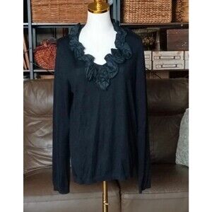 NWT Talbots Silk Cotton Blend Black Ruffle Neck Long Sleeve Top